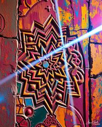 Explore the captivating fusion of bold acrylic painting and intricate Islamic geometric patterns carved in stone. This artwor