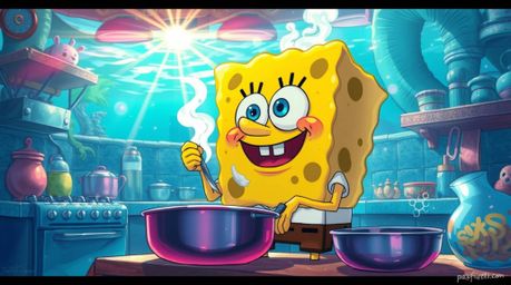 Dive into a vibrant and surreal isekai anime illustration featuring a sponge character as a chef in an underwater kitchen.  T