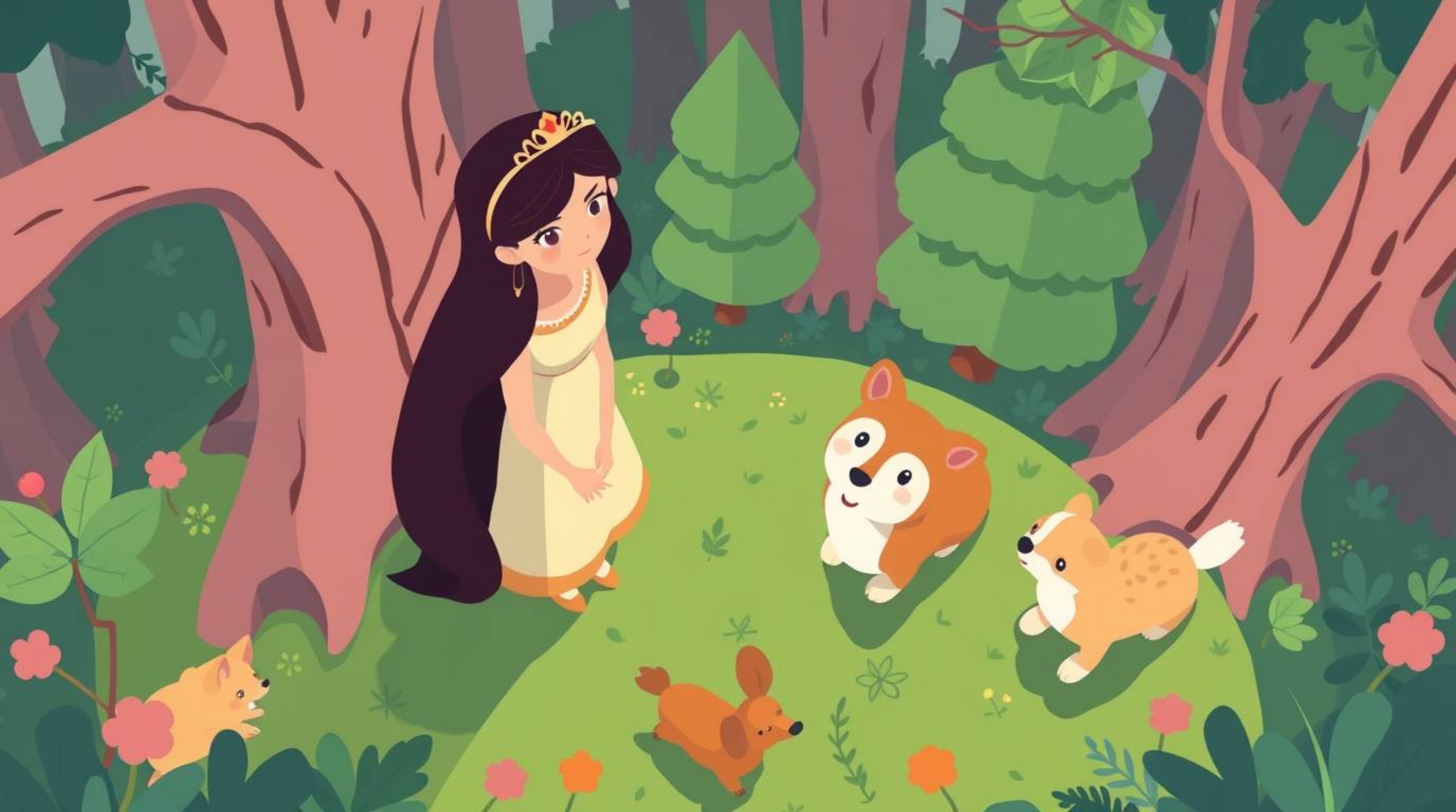This image features a princess interacting with forest animals in a vintage 2D animation style. The modern flat design and h