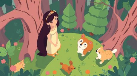 This image features a princess interacting with forest animals in a vintage 2D animation style. The modern flat design and h