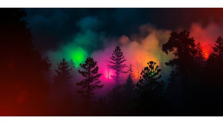 A mesmerizing scene unfolds with bioluminescent mist gracefully rising from a forest bathed in the warm hues of the golden ho