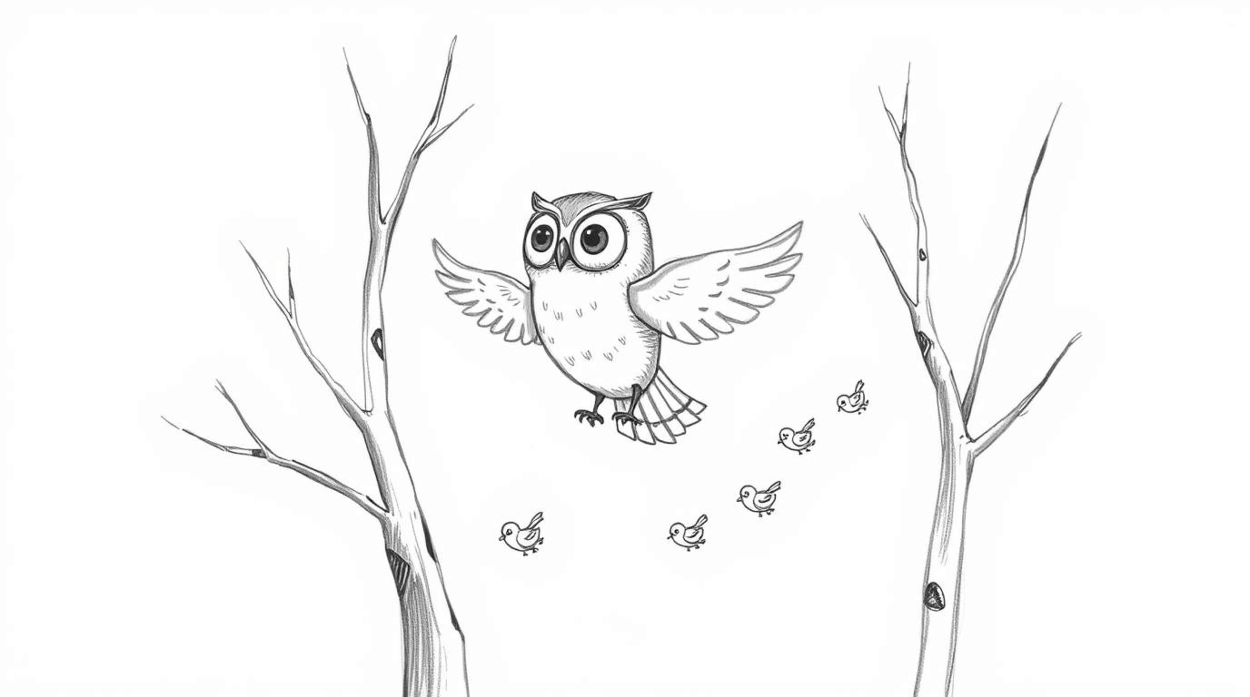 A whimsical hand-drawn sketch depicts a blind owl, rendered in a Pixar-esque style, gliding gracefully between trees.  Its ro