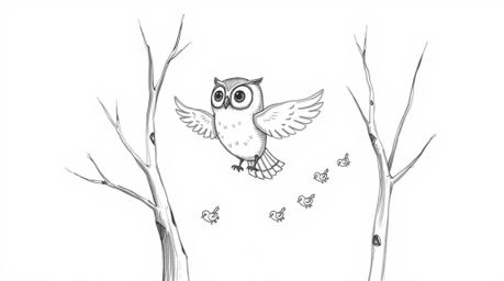 A whimsical hand-drawn sketch depicts a blind owl, rendered in a Pixar-esque style, gliding gracefully between trees.  Its ro