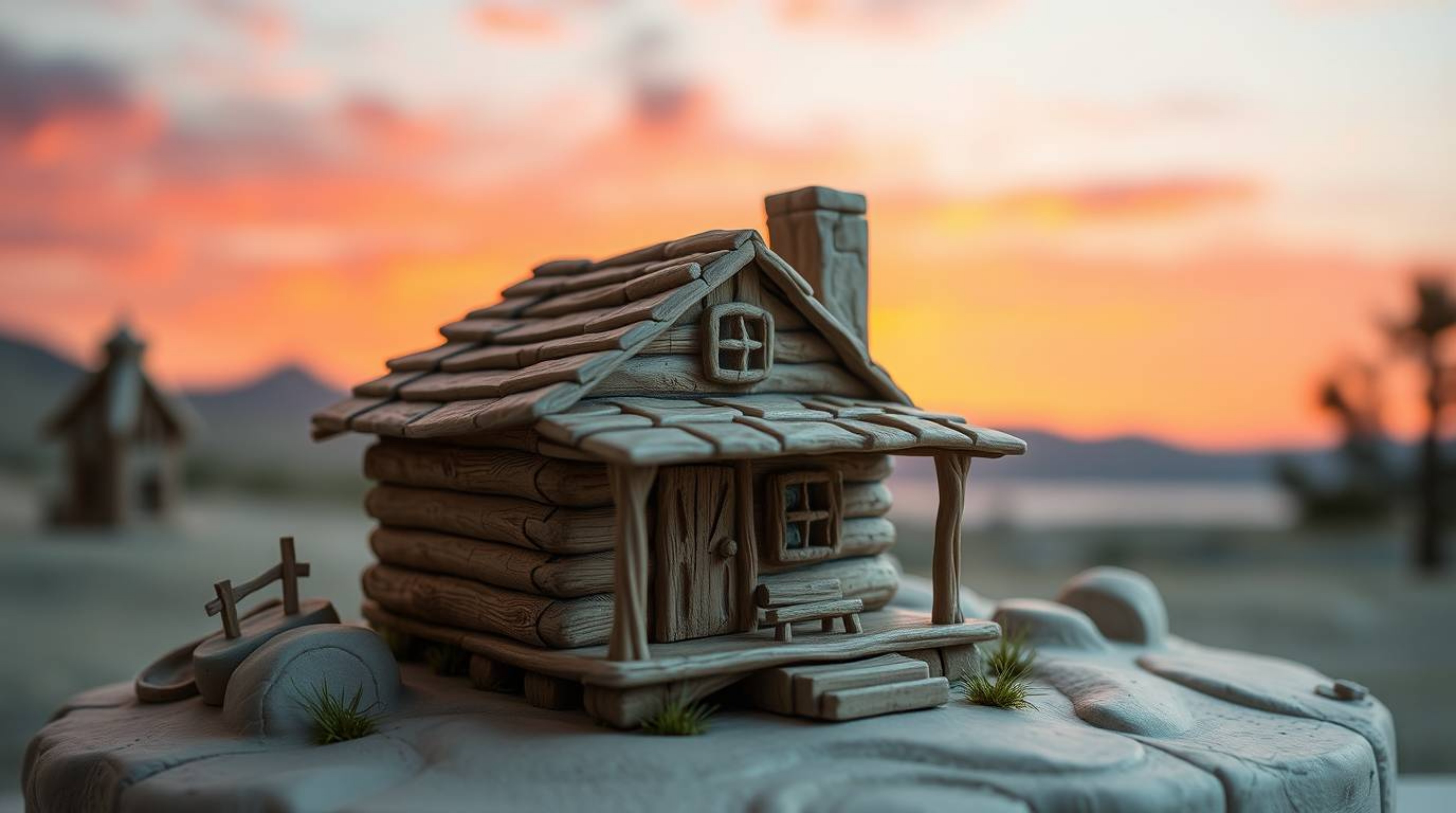A captivating clay sculpture depicts an old wooden cabin bathed in the warm hues of a sunset.  Soft pastel colors and gently 
