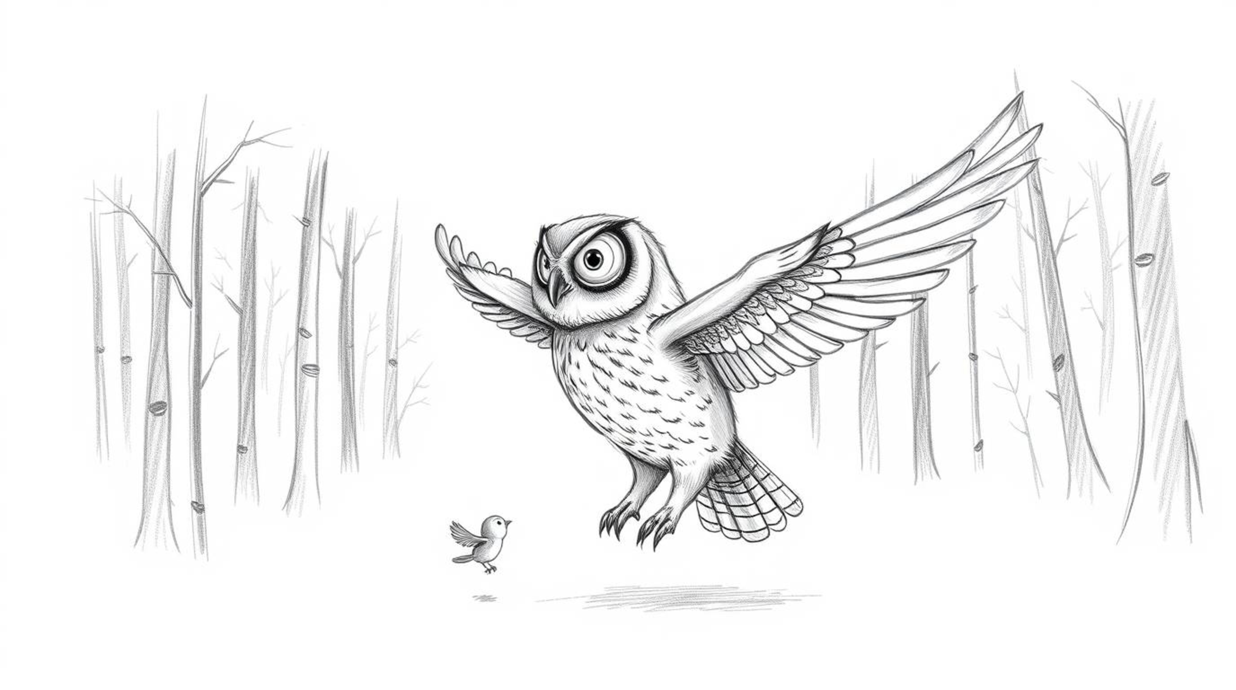 A captivating hand-drawn sketch in the style of Pixar depicts a blind owl, its feathers meticulously detailed, patiently guid