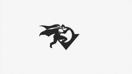 A captivating high-angle perspective showcases a clean and symmetrical geometric logo depicting a superhero battling a villai