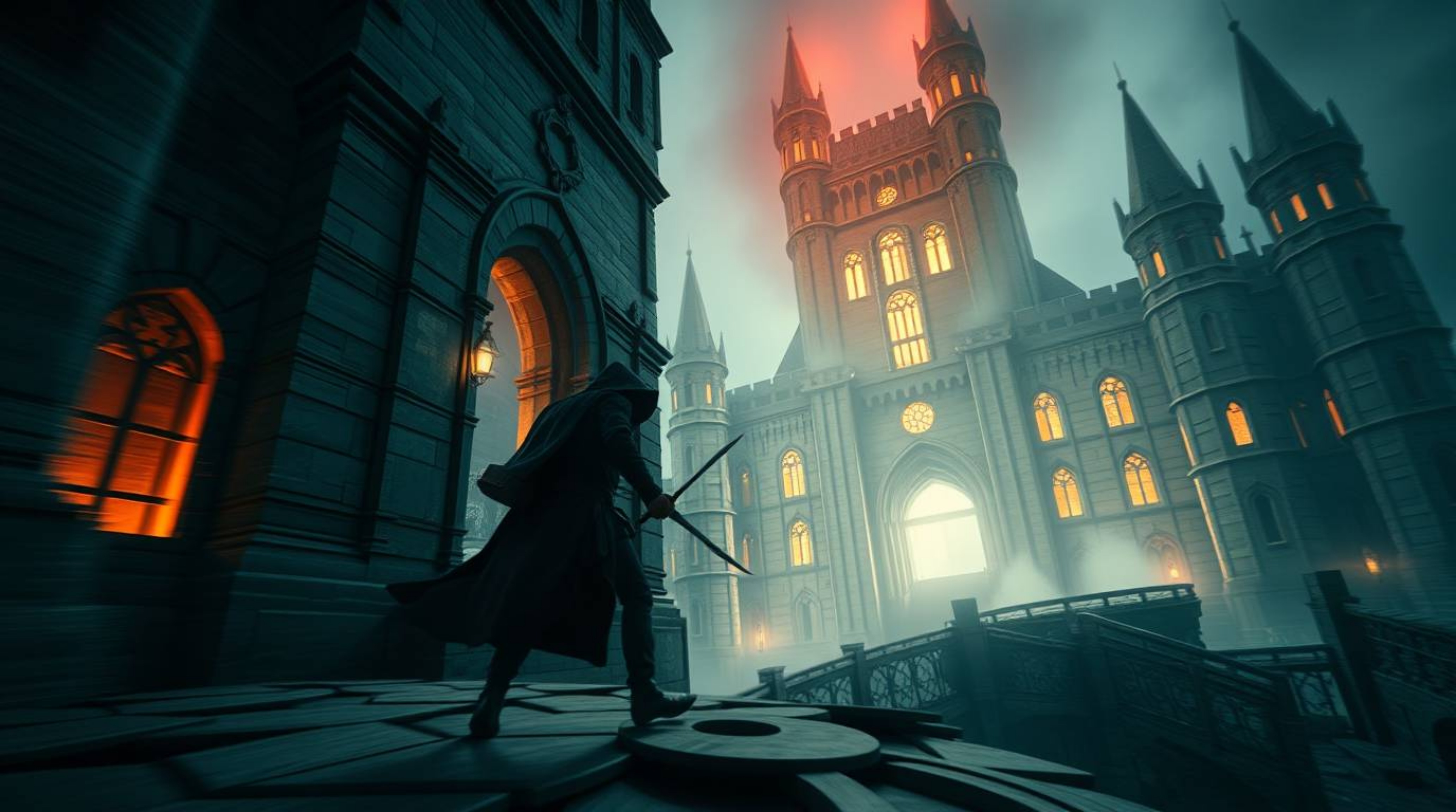 A captivating long exposure photograph depicts a thief stealthily infiltrating a grand, futuristic castle. The image showcase