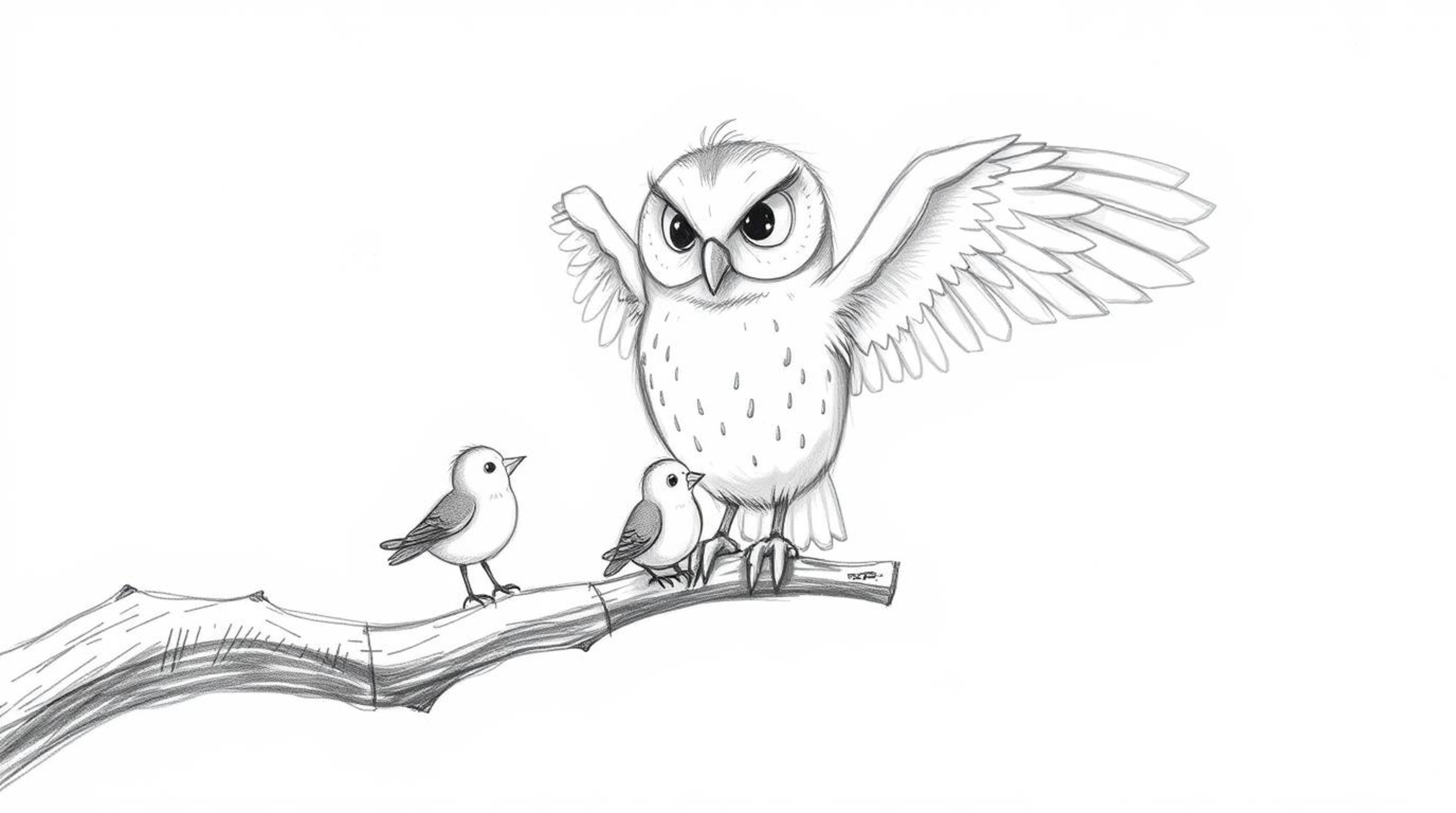 A heartwarming hand-drawn sketch in the style of Pixar portrays a blind owl, its soft feathers detailed with rough pencil str