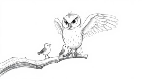 A heartwarming hand-drawn sketch in the style of Pixar portrays a blind owl, its soft feathers detailed with rough pencil str