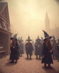 Immerse yourself in a dreamlike scene of a magical school teeming with young wizards, bathed in surreal infrared tones and en