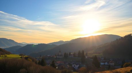 A professional photograph showcases a charming village nestled in a picturesque valley, bathed in the warm glow of a vibrantl