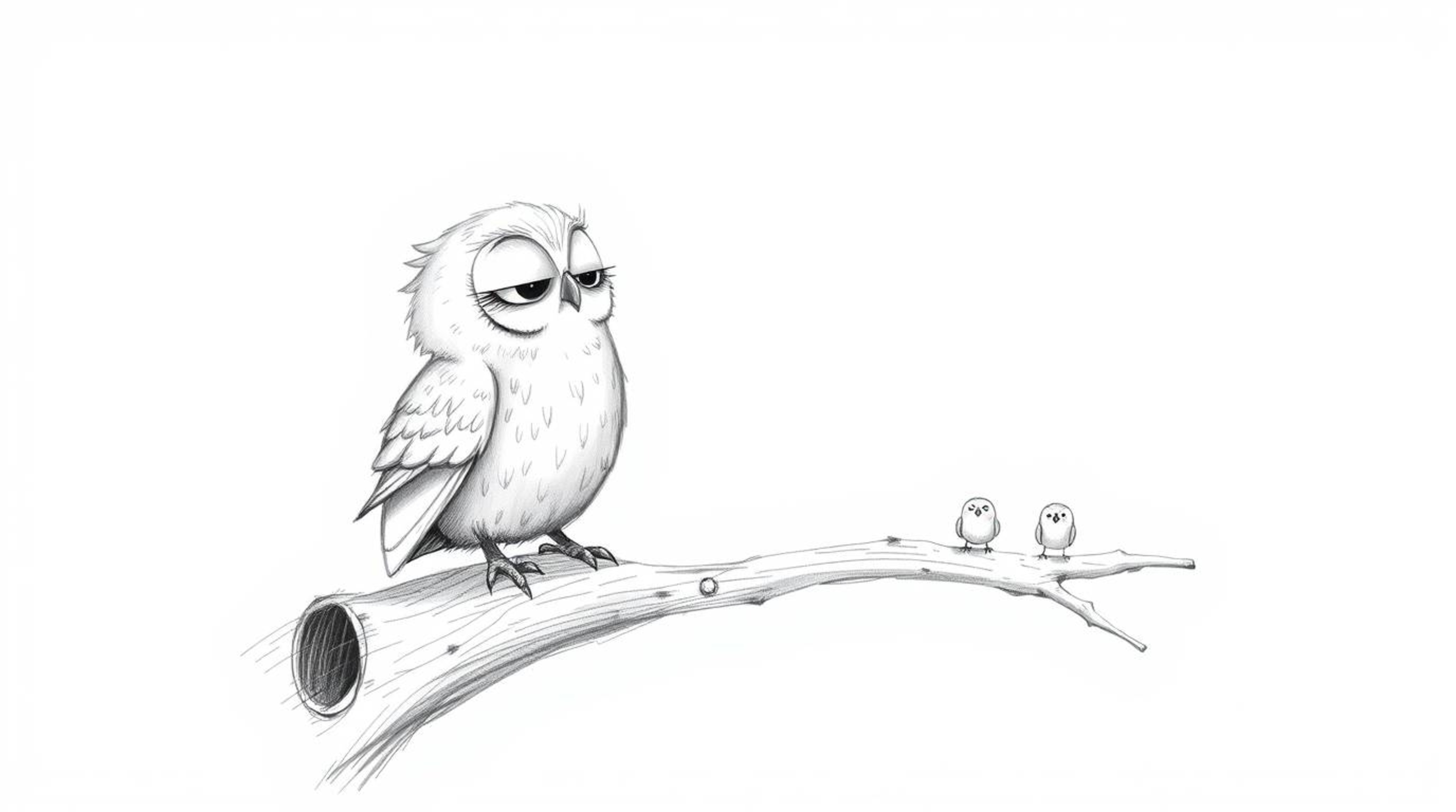 A heartwarming hand-drawn sketch in the style of Pixar depicts a blind owl, rendered with soft, feathery textures, imparting