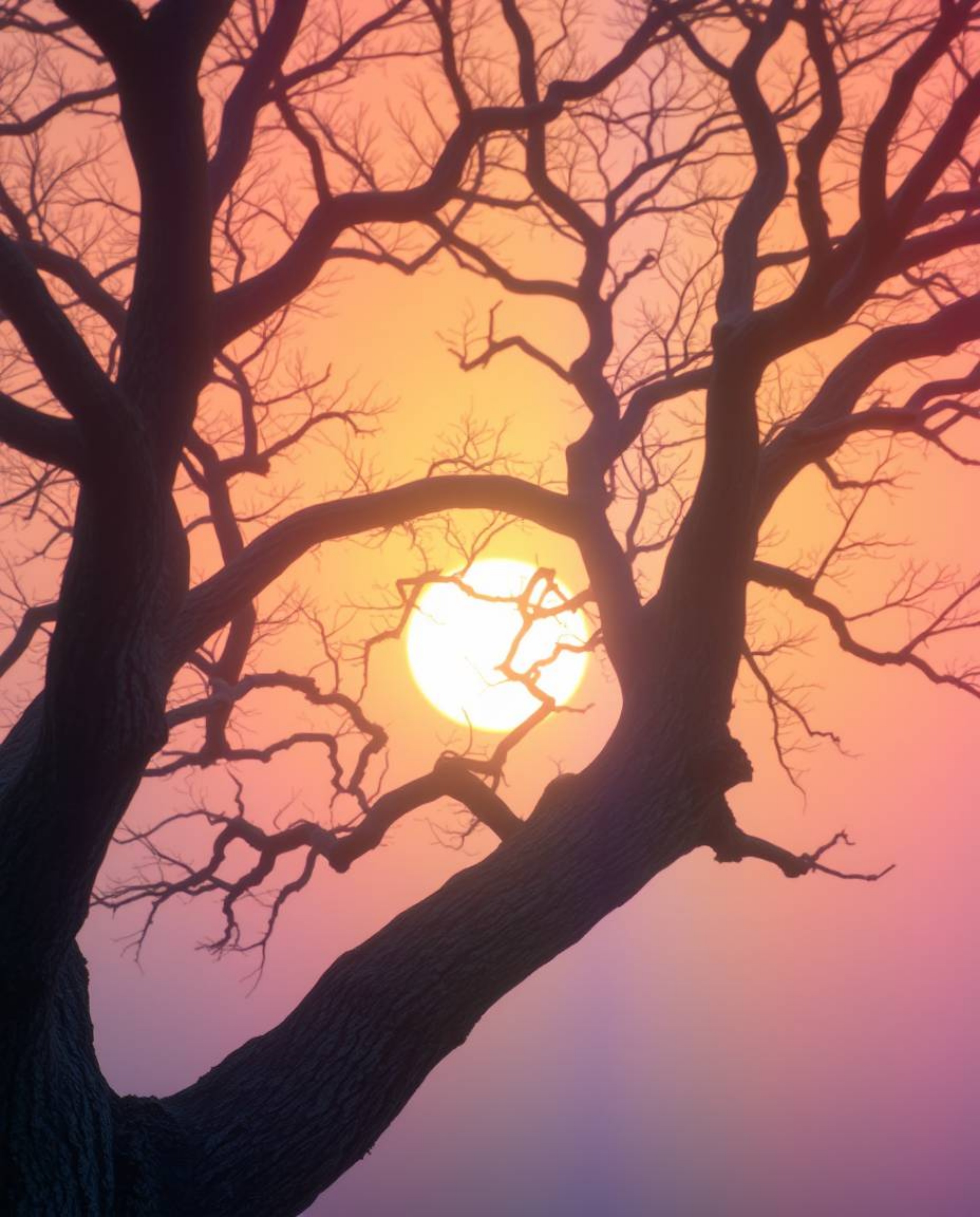 An iridescent sunset shines behind an old oak tree with twisted branches, creating an ethereal atmosphere. Gentle color contr
