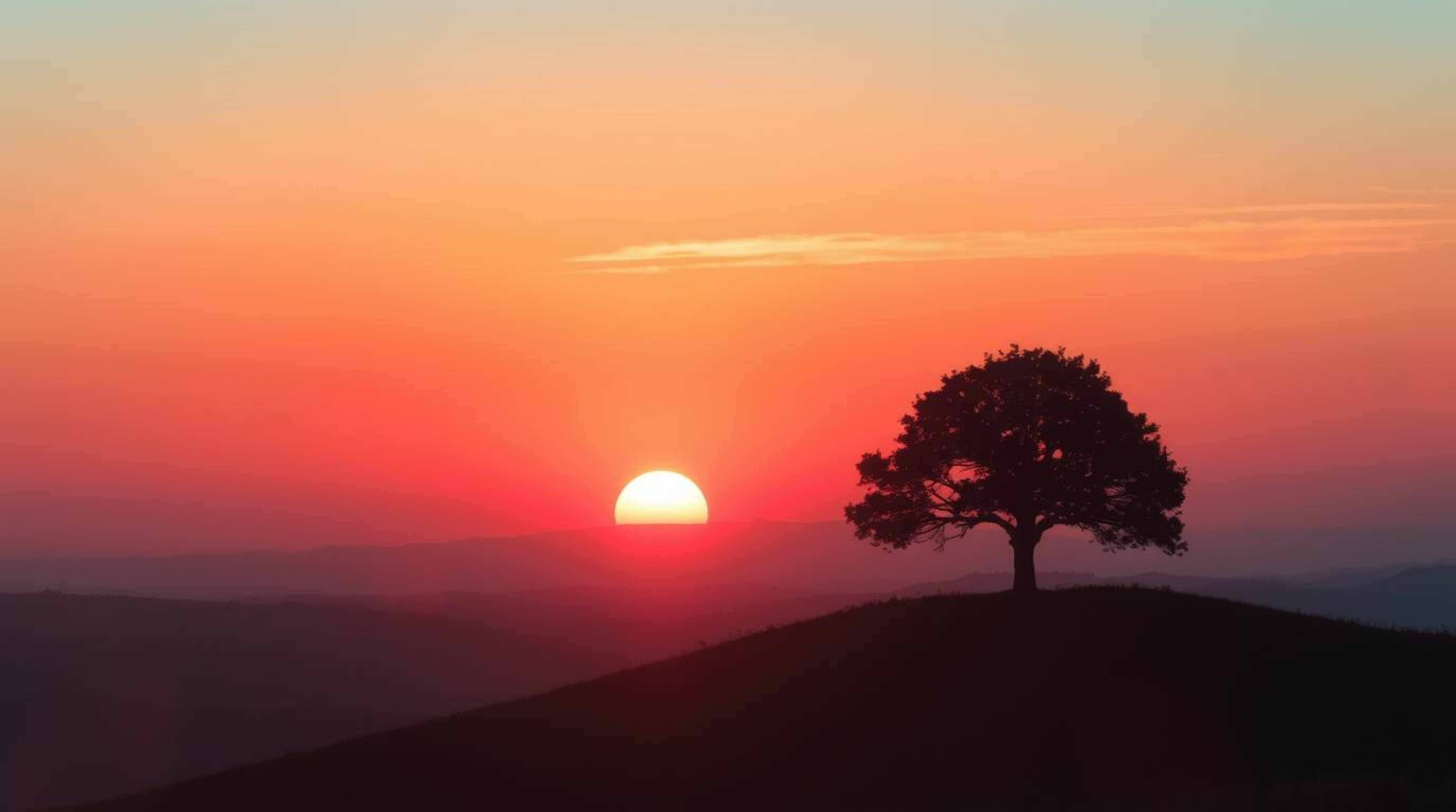A captivating image of a lone tree silhouetted against a vibrant fiery sunset.  Rendered in soft pastel colors with striking 