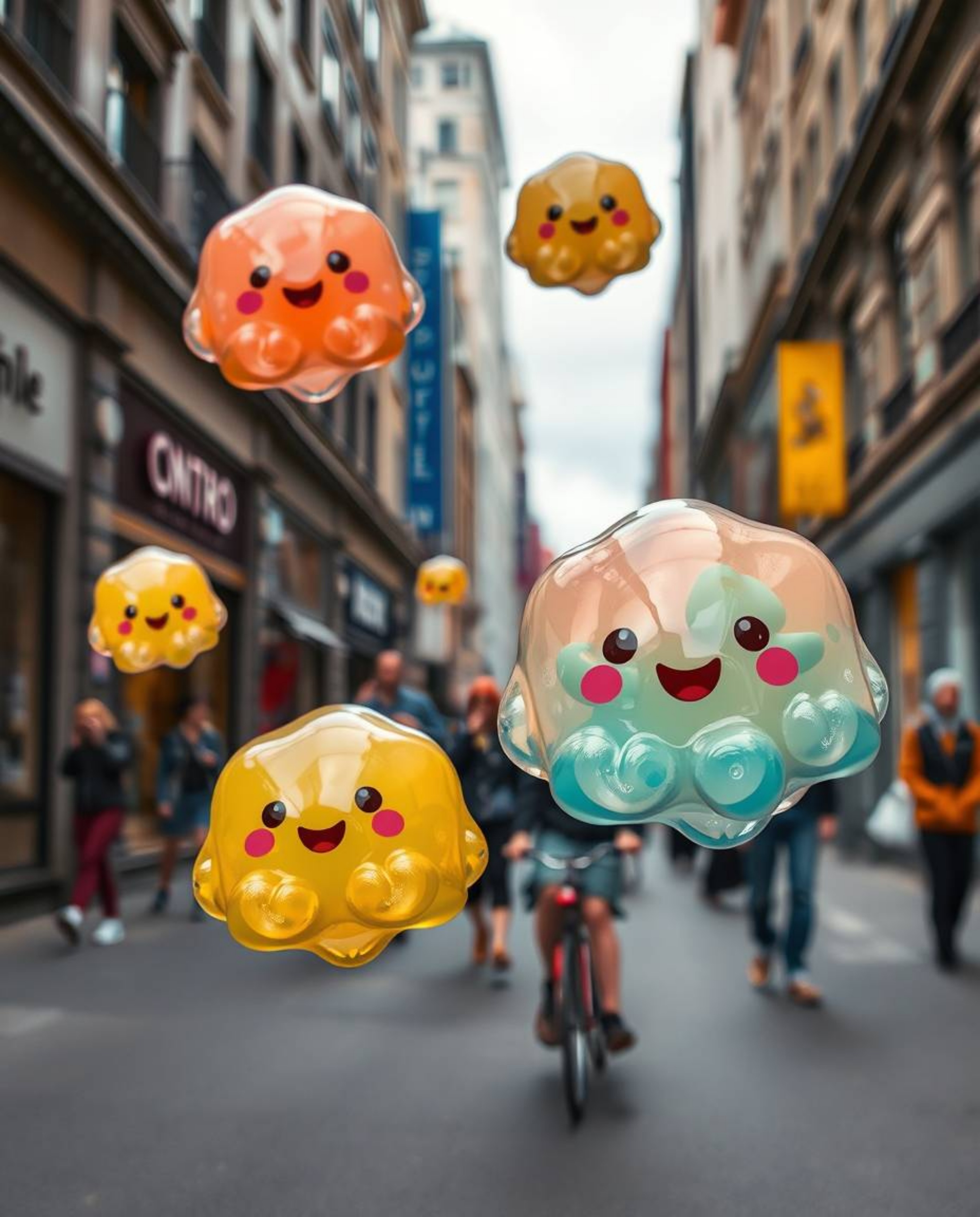 A captivating street photograph captures the whimsical charm of adorable, floating 3D blobs made of vibrant, fluid jelly with