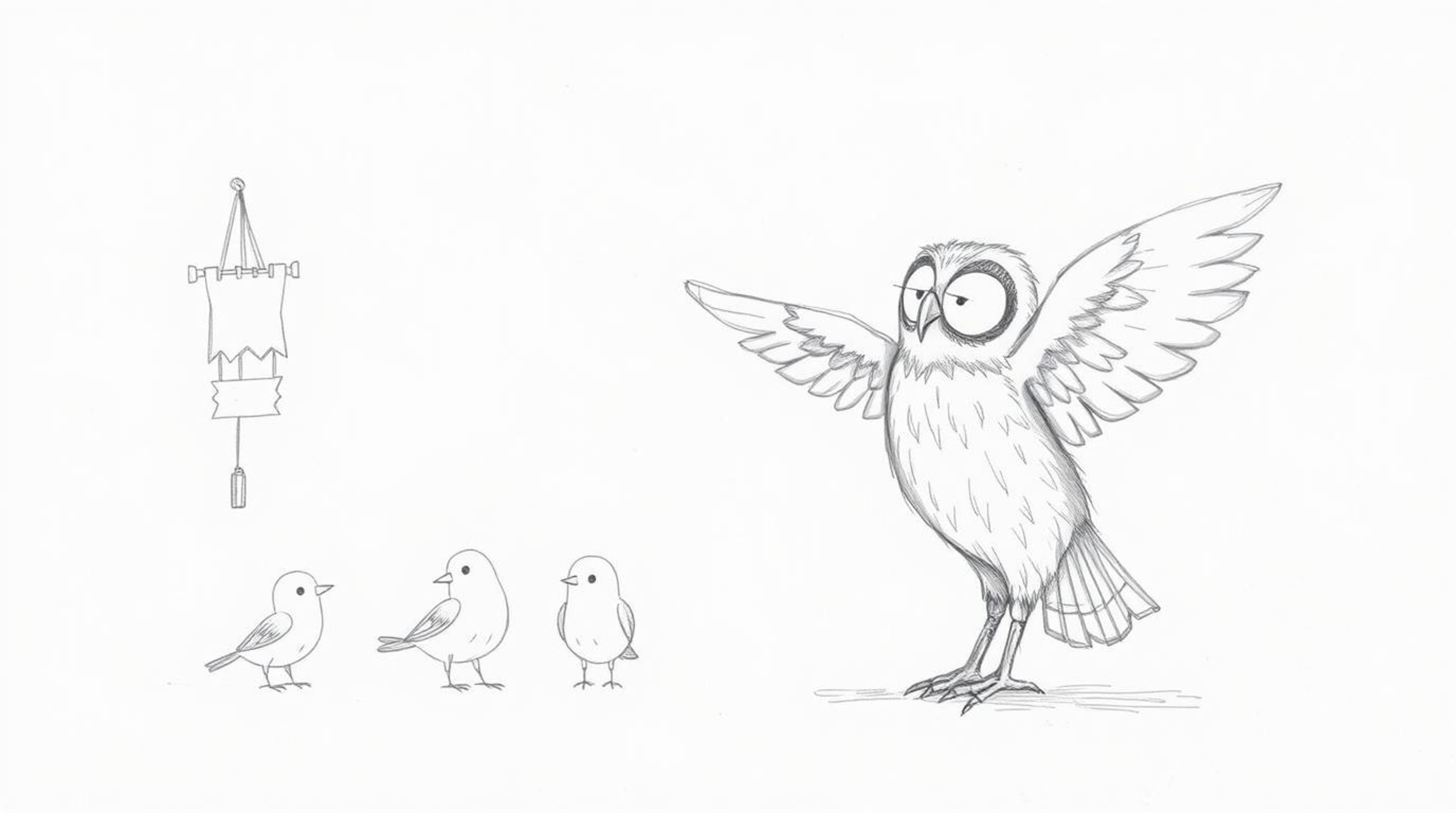 A heartwarming hand-drawn sketch in Pixar style depicts a blind owl with soft, downy feathers patiently teaching a group of s