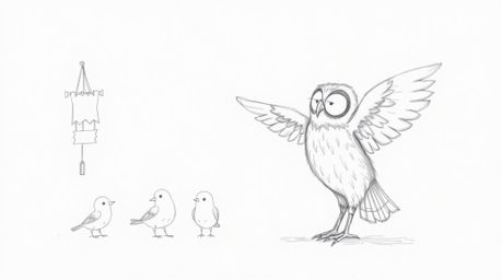A heartwarming hand-drawn sketch in Pixar style depicts a blind owl with soft, downy feathers patiently teaching a group of s