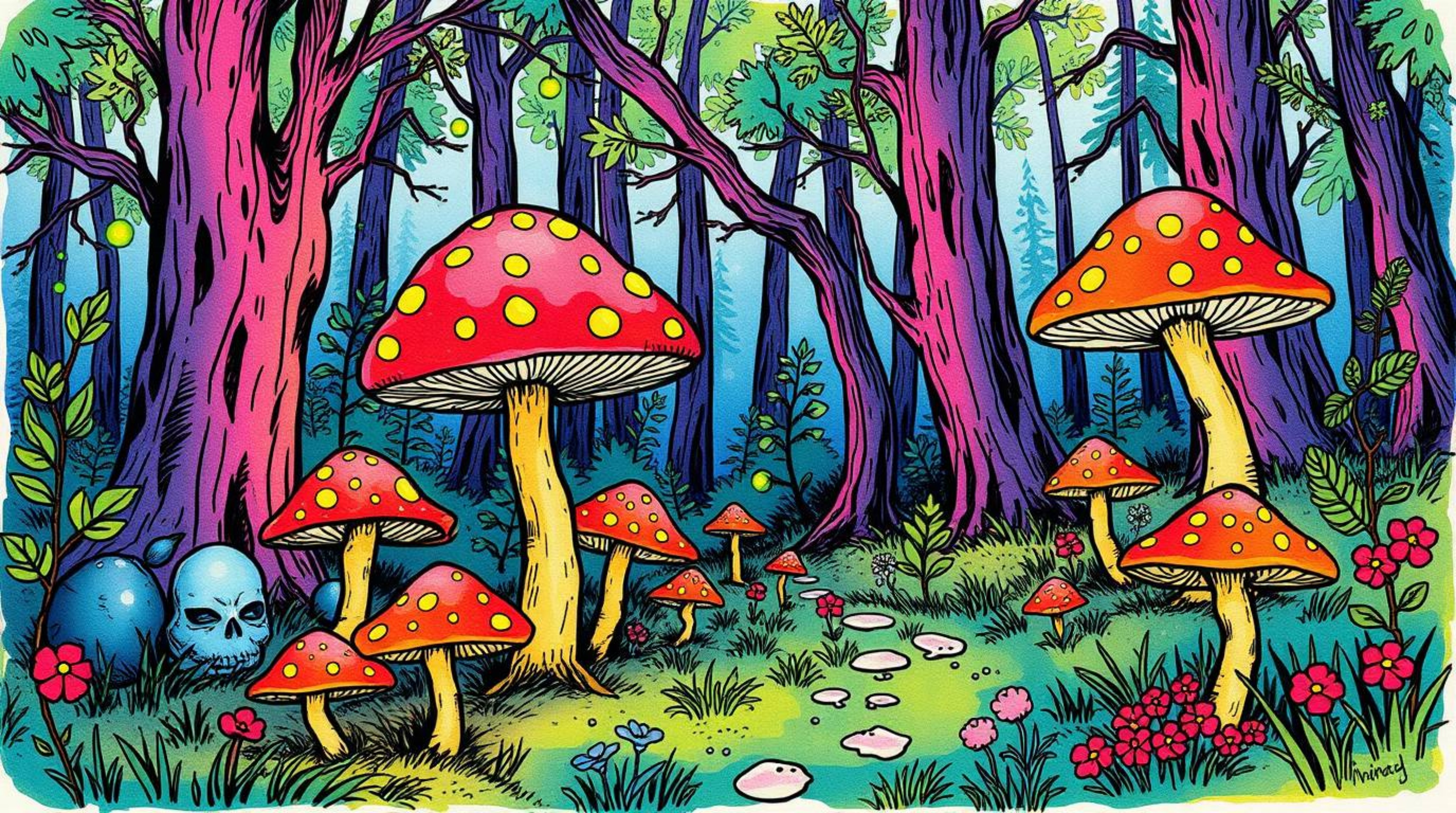 A vibrant and lively hand-drawn sketch of a vintage-style enchanted forest, featuring glowing mushrooms and whimsical details
