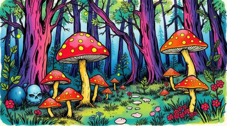 A vibrant and lively hand-drawn sketch of a vintage-style enchanted forest, featuring glowing mushrooms and whimsical details