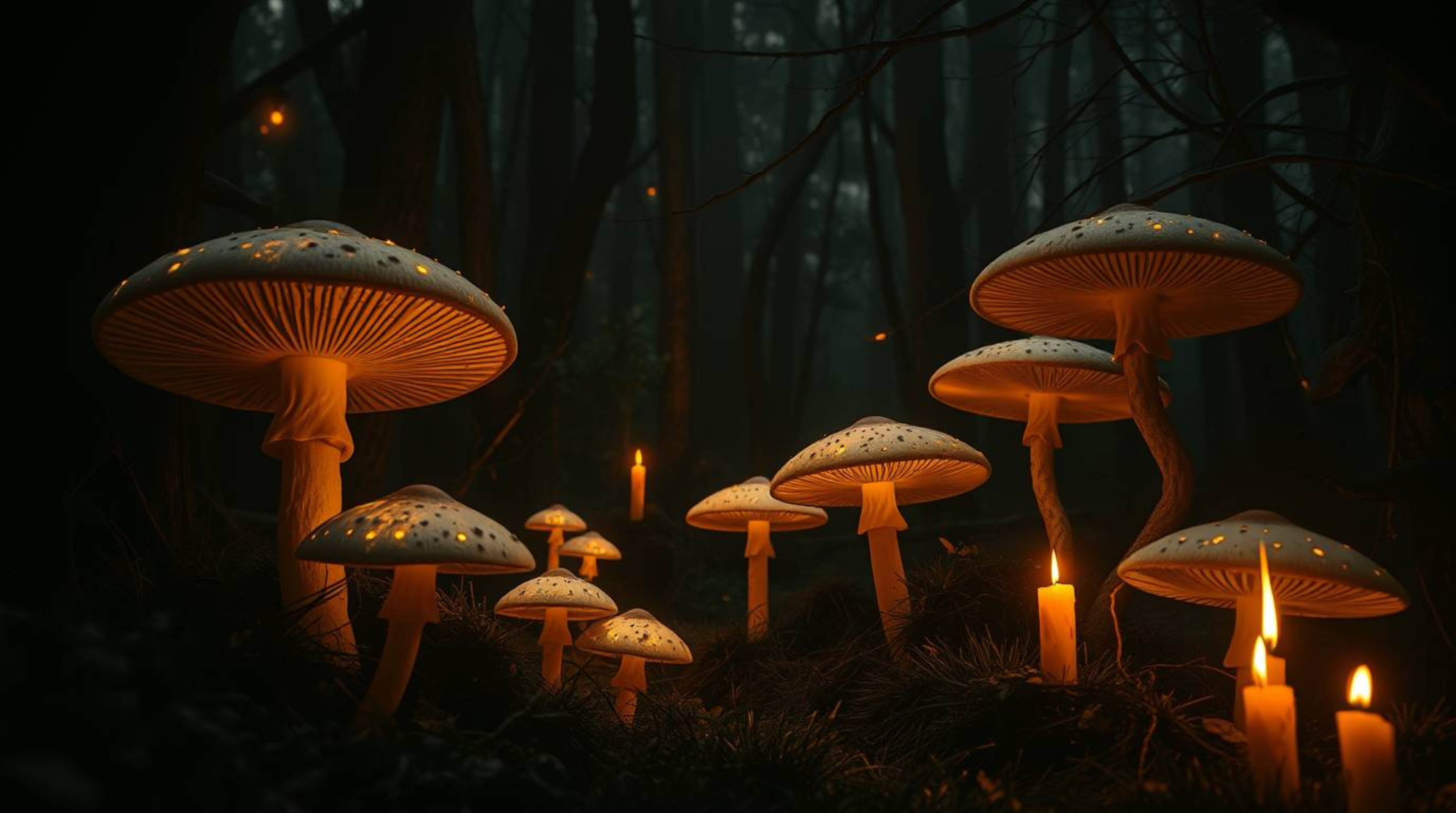 Immerse yourself in a vintage-style enchanted forest, brought to life with glowing mushrooms and rendered in dark, evocative 