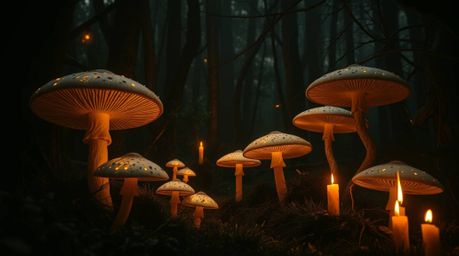 Immerse yourself in a vintage-style enchanted forest, brought to life with glowing mushrooms and rendered in dark, evocative 