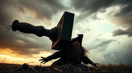 A dramatic, warm-toned fine art photograph capturing the high tension of an anvil about to fall on a trickster character unde