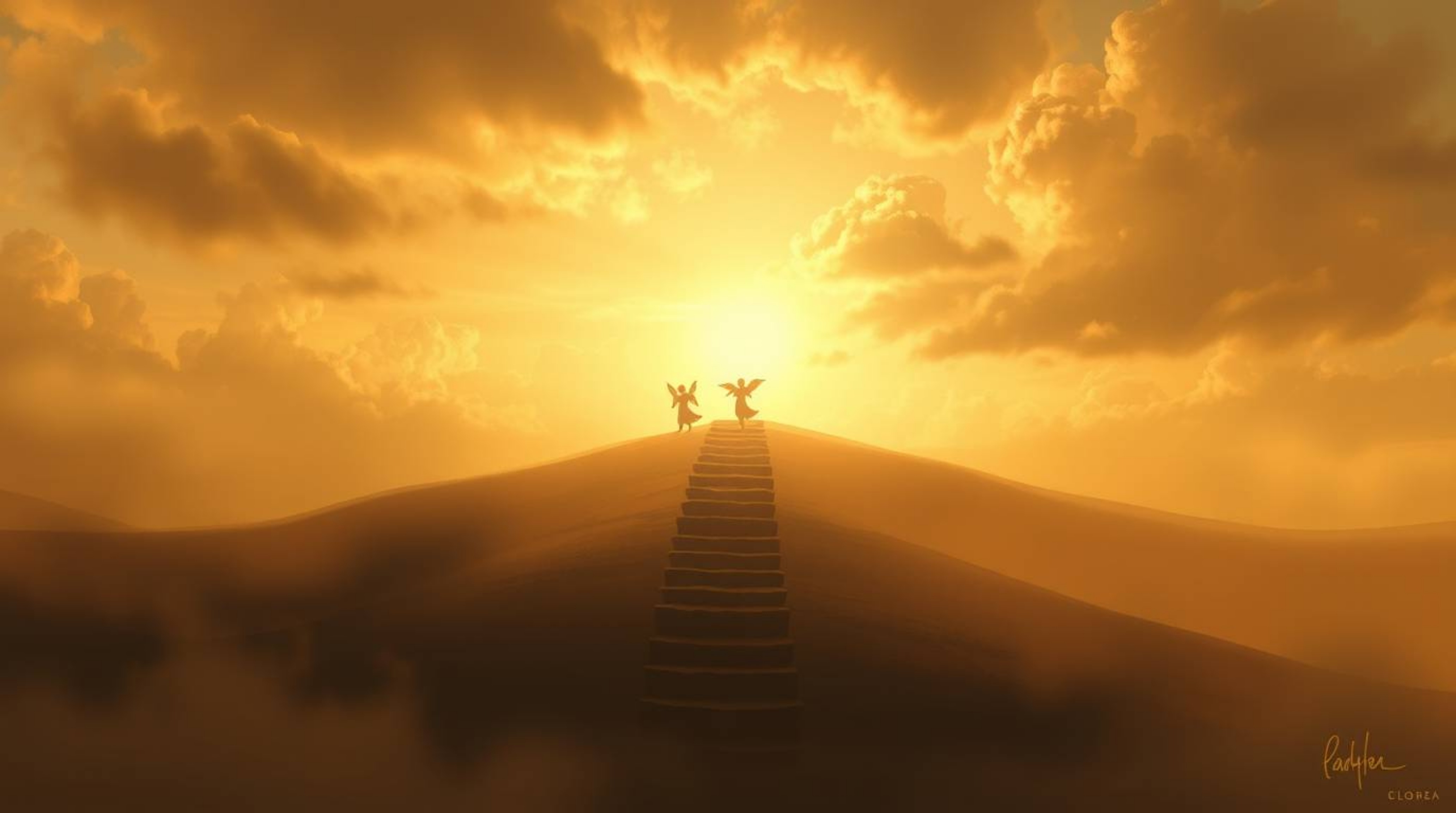 Explore a dreamlike naturalistic digital painting featuring earth tones and steps of light ascending into a cloudy sky.  Ange