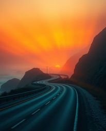 This photorealistic artwork depicts a winding coastal highway at sunset, beautifully illuminated by volumetric lighting. The 