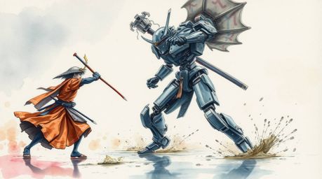 A delicate watercolor painting depicting an intense battle between a samurai and a robot in a rain-soaked dystopian setting. 