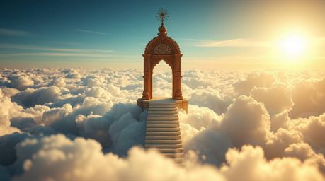 A breathtakingly detailed, extreme macro close-up in fantasy realism style depicts a small, celestial gate suspended above a 