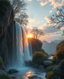 A charming and cute image depicts an adorable, mystic, and enchanting environment. It features a dramatic waterfall with a se