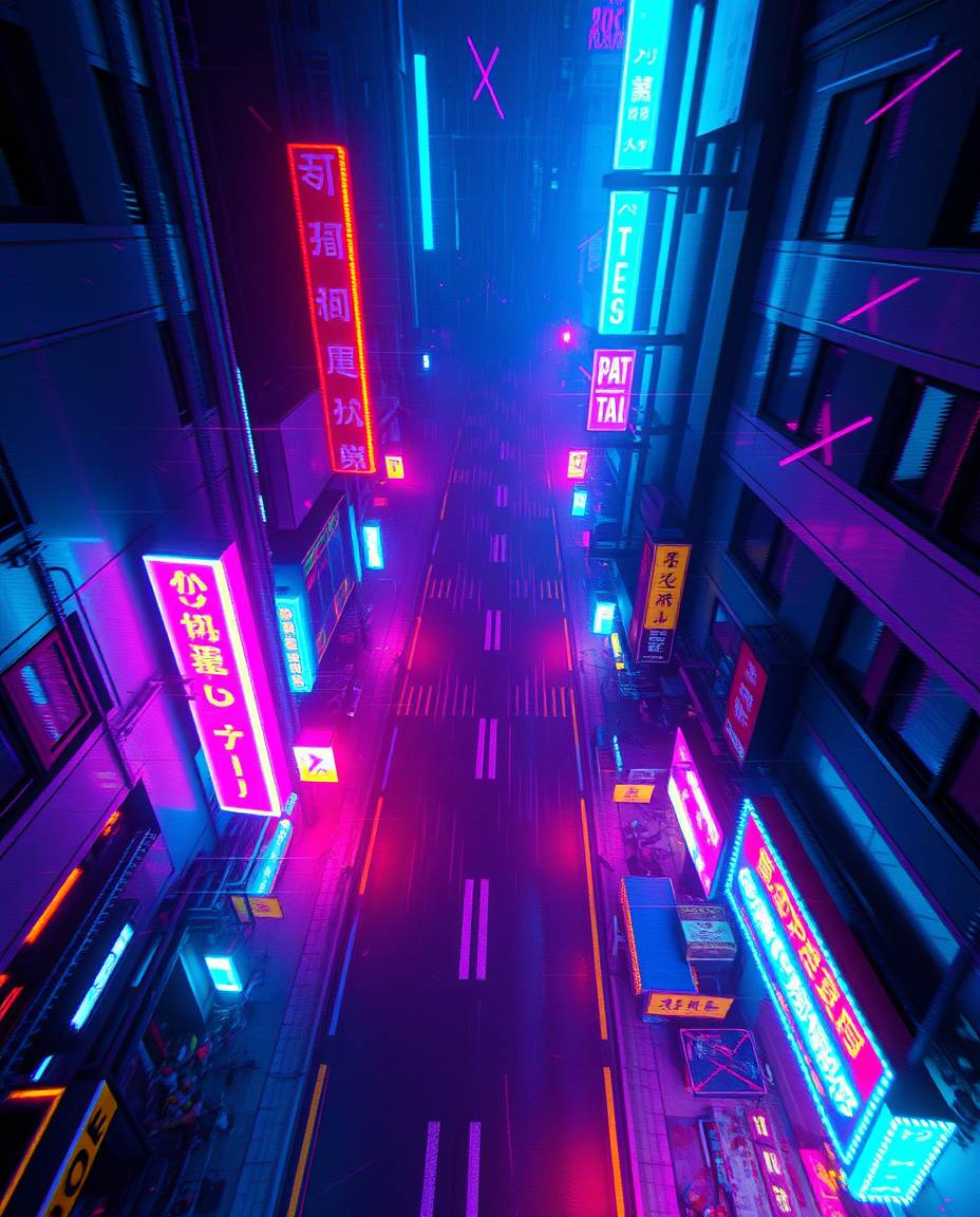 A captivating pixelated glitch art image depicts a cyberpunk street scene from a unique bird's-eye perspective.  The vibrant 