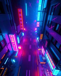 A captivating pixelated glitch art image depicts a cyberpunk street scene from a unique bird's-eye perspective.  The vibrant 