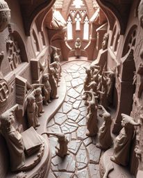 Discover a captivating high-angle clay sculpture depicting a magical school brimming with young wizards.  This intricately mo