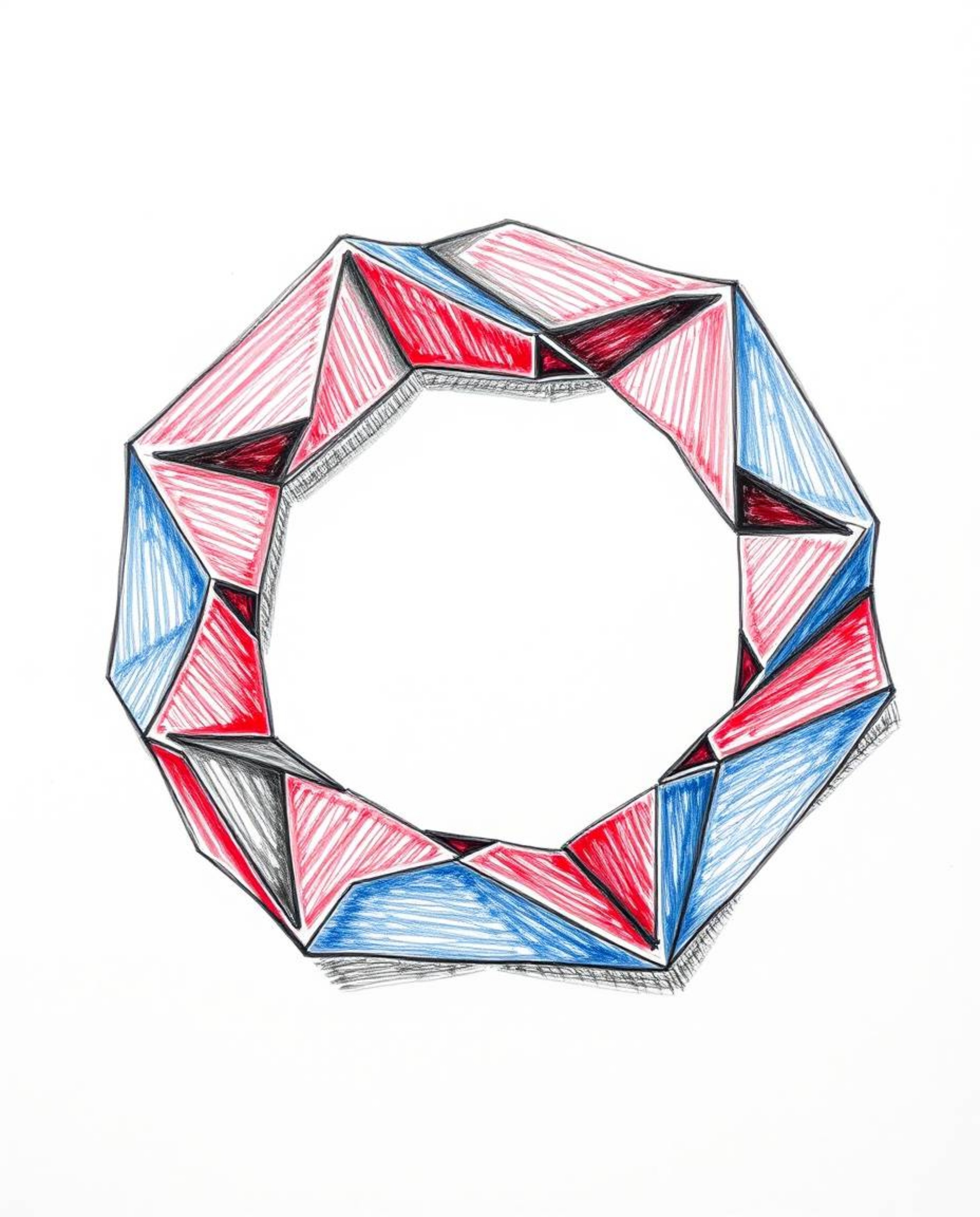 A hand-drawn sketch featuring a 3D geometric pattern resembling folded paper, rendered in rich burgundy and deep blue hues. V