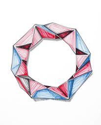 A hand-drawn sketch featuring a 3D geometric pattern resembling folded paper, rendered in rich burgundy and deep blue hues. V