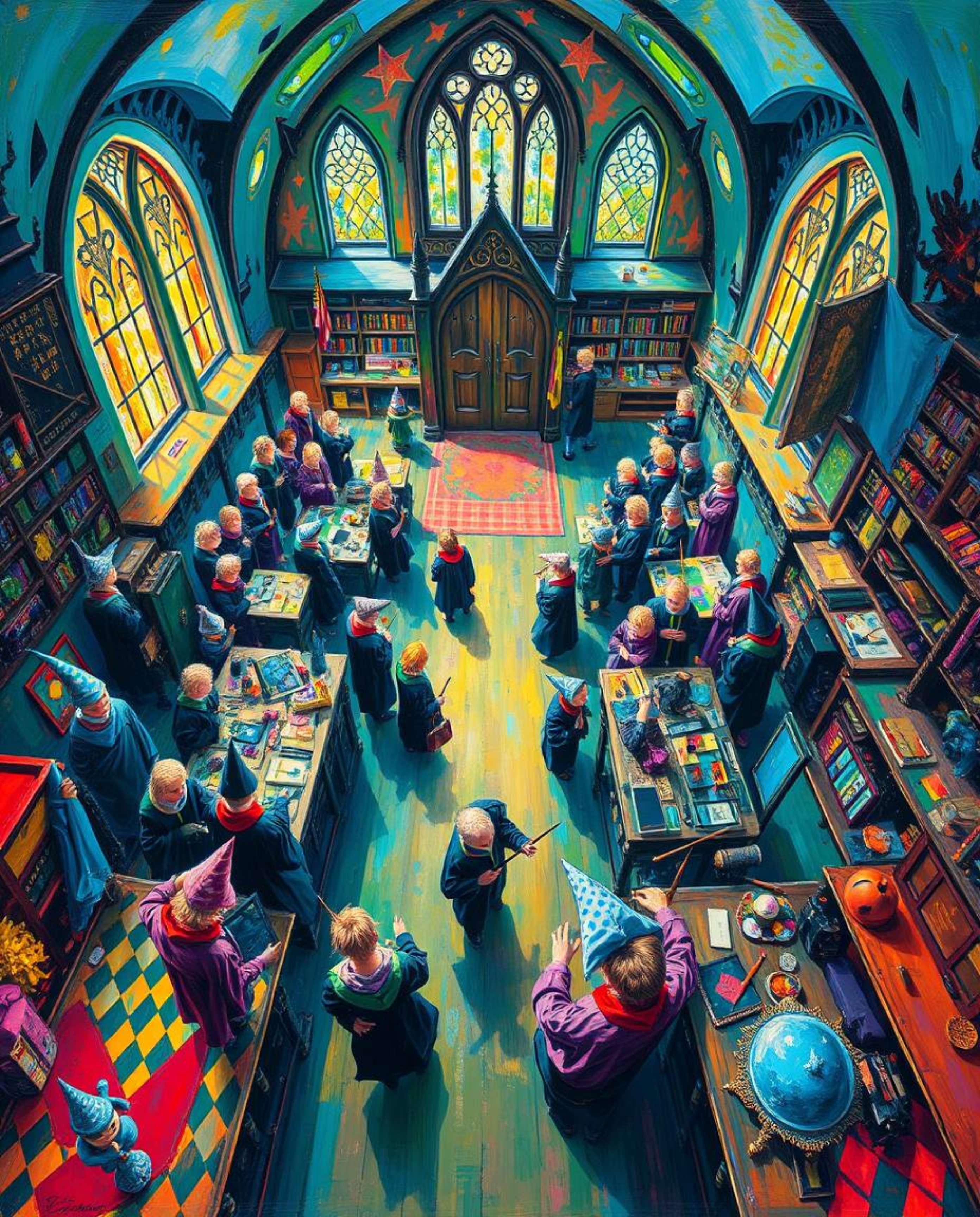 A bold acrylic painting showcases a high-angle view of a magical school teeming with young wizards.  Vibrant colors and textu
