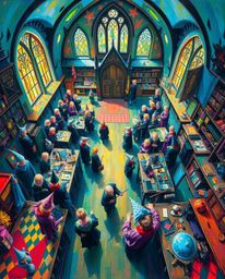 A bold acrylic painting showcases a high-angle view of a magical school teeming with young wizards.  Vibrant colors and textu