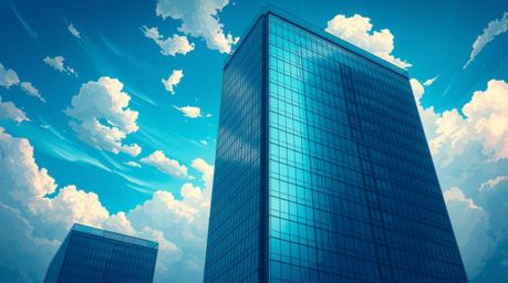 This Isekai anime style illustration features a modern glass building in rich, deep teal colors, seemingly dissolving into a 