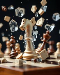 A captivating high-resolution stock photo depicts an adorable chessboard with chess pieces frozen mid-air in a moment of play