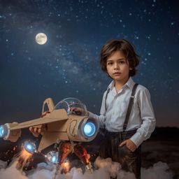 Exquisite high fashion photography captures a young boy with curious features and a determined gaze, standing proudly beside 