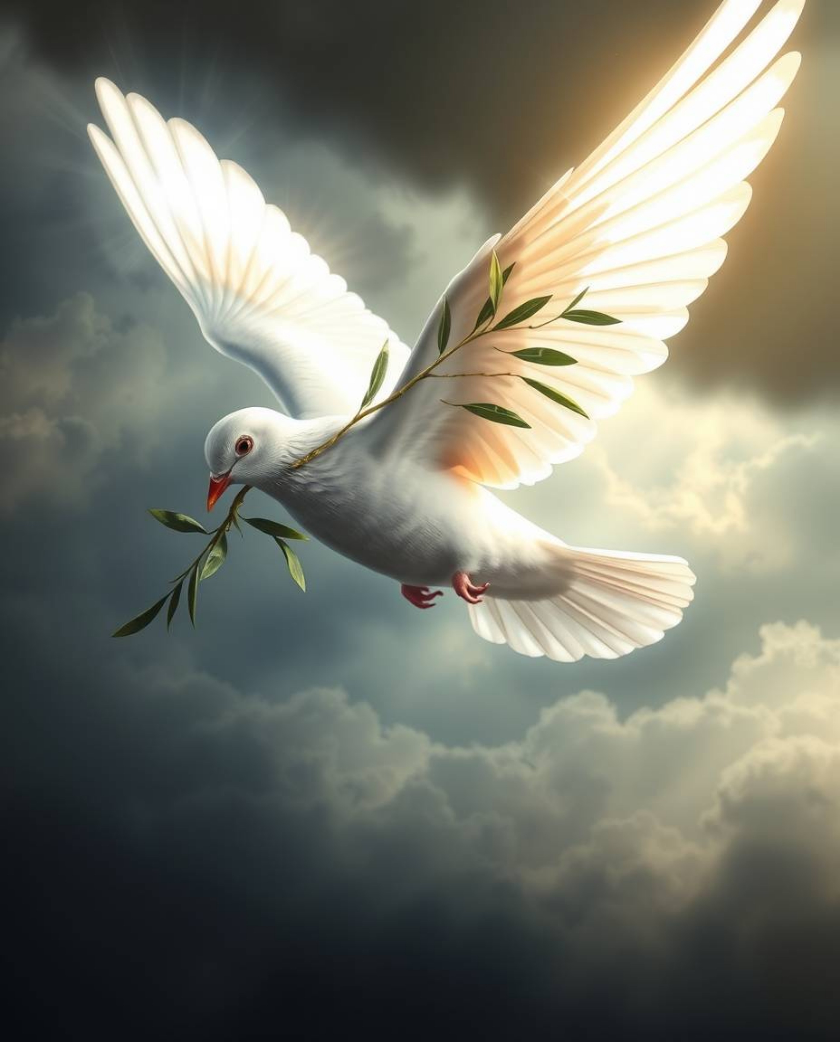 A dove carrying an olive branch through stormy skies evokes a powerful image of hope and peace amidst chaos. The mystical fee