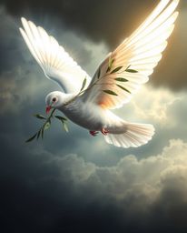 A dove carrying an olive branch through stormy skies evokes a powerful image of hope and peace amidst chaos. The mystical fee