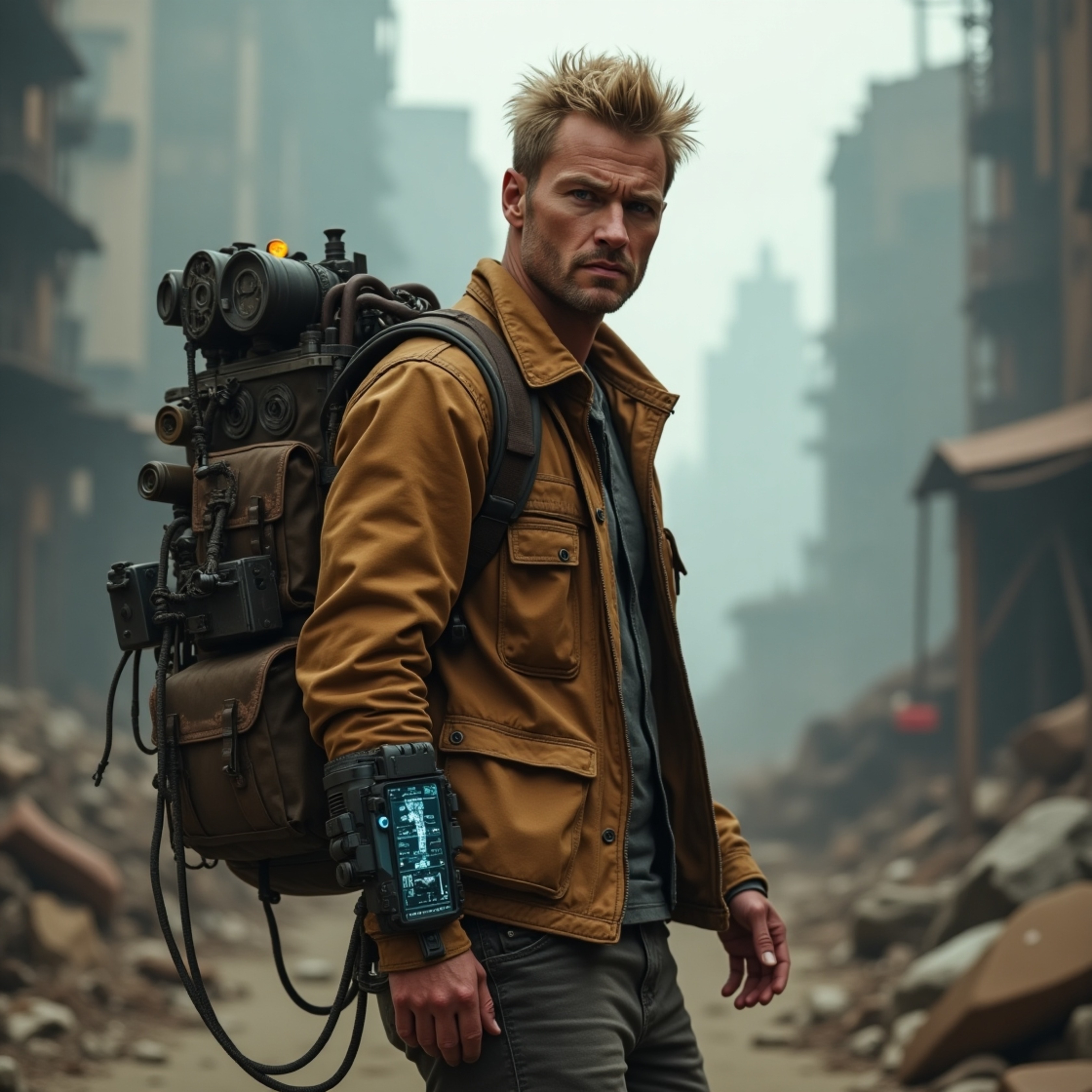 In a desolate, post-apocalyptic urban landscape shrouded in ominous fog, a determined time-traveling explorer cautiously navi