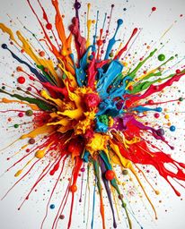 Explore a dynamic and original fine art photograph showcasing a vibrant explosion of colorful paint splashes on a pristine wh