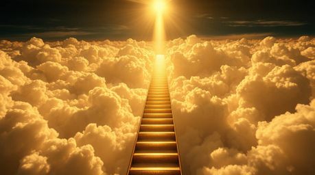 A captivating surreal digital painting showcases a golden staircase ascending through ethereal clouds towards a radiant heave