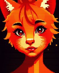 Discover an adorable digital glitch art portrait in a pixelated style, featuring warm reds, oranges, and yellows. This charmi
