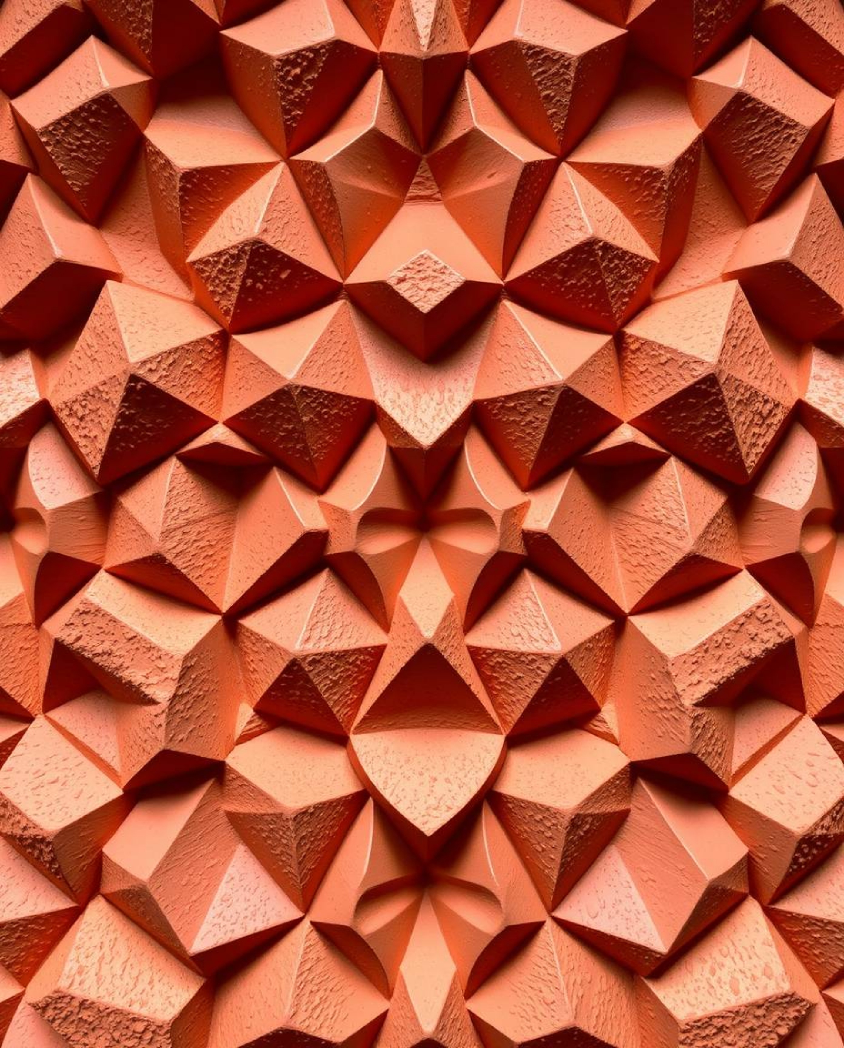 Explore stunning sculptural clay art featuring a seamless geometric pattern of hexagons and triangles, rendered in warm autum