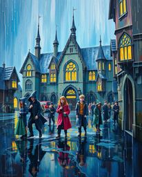 Immerse yourself in a bold acrylic painting depicting a magical school brimming with young wizards, rendered in a wet, rainy