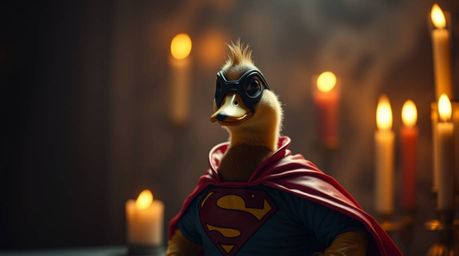 A whimsical and cinematic image capturing a duck adorned in a zany superhero costume, bathed in the warm glow of candlelight.